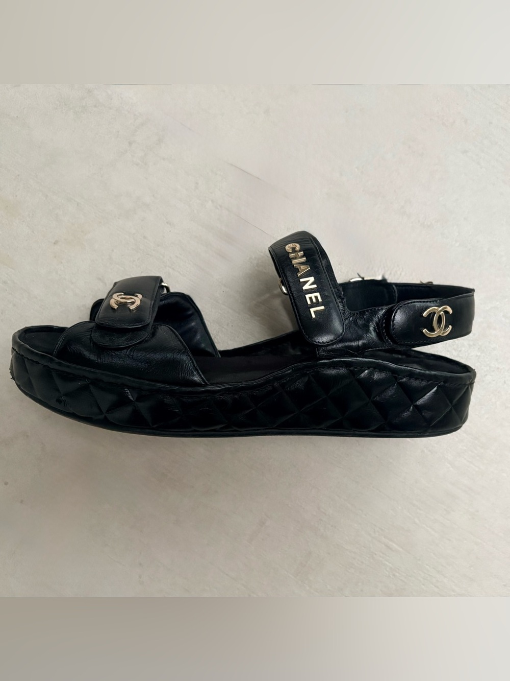 CHANEL Black Quilted Leather Platform Slingback Sandals with Gold CC